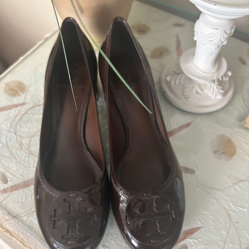 Tory Burch Dark Brown Patent Leather Logo Wedge Heels